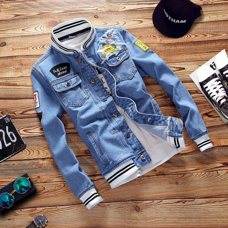 Spring Autumn New Fashion Men's Loose Jeans Jacket Casual American Stand Collar Denim Coats Plus Size Men Trendy  Streetwear - ZOOMNSTORE