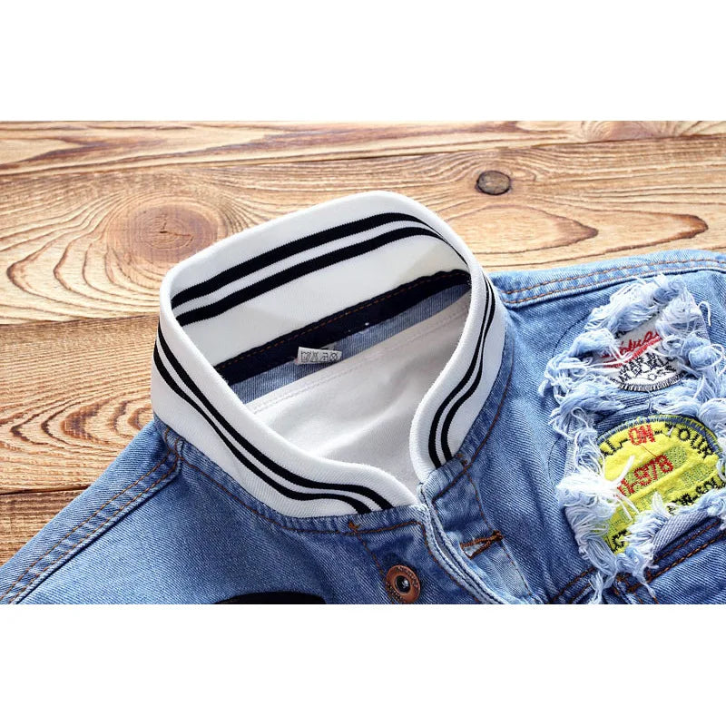 Spring Autumn New Fashion Men's Loose Jeans Jacket Casual American Stand Collar Denim Coats Plus Size Men Trendy  Streetwear - ZOOMNSTORE