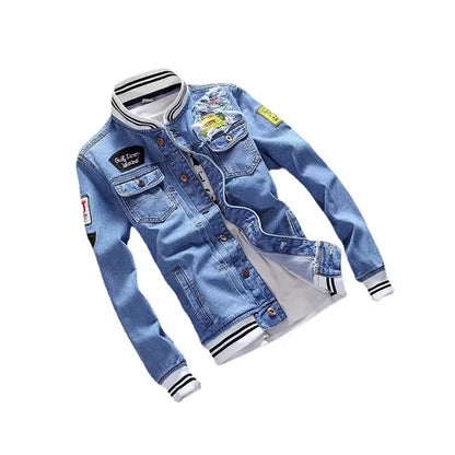 Spring Autumn New Fashion Men's Loose Jeans Jacket Casual American Stand Collar Denim Coats Plus Size Men Trendy  Streetwear - ZOOMNSTORE