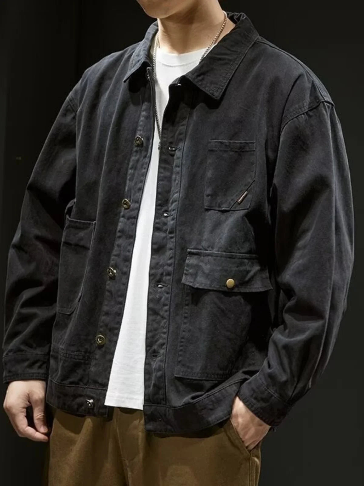 Retro Korean Sle Men's Denim Jaet Casual Spring Autumn Faionable Long Sve Workwear Coat with kets for Middle Youth - ZOOMNSTORE
