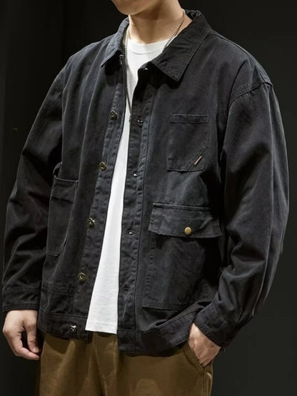 Retro Korean Sle Men's Denim Jaet Casual Spring Autumn Faionable Long Sve Workwear Coat with kets for Middle Youth - ZOOMNSTORE