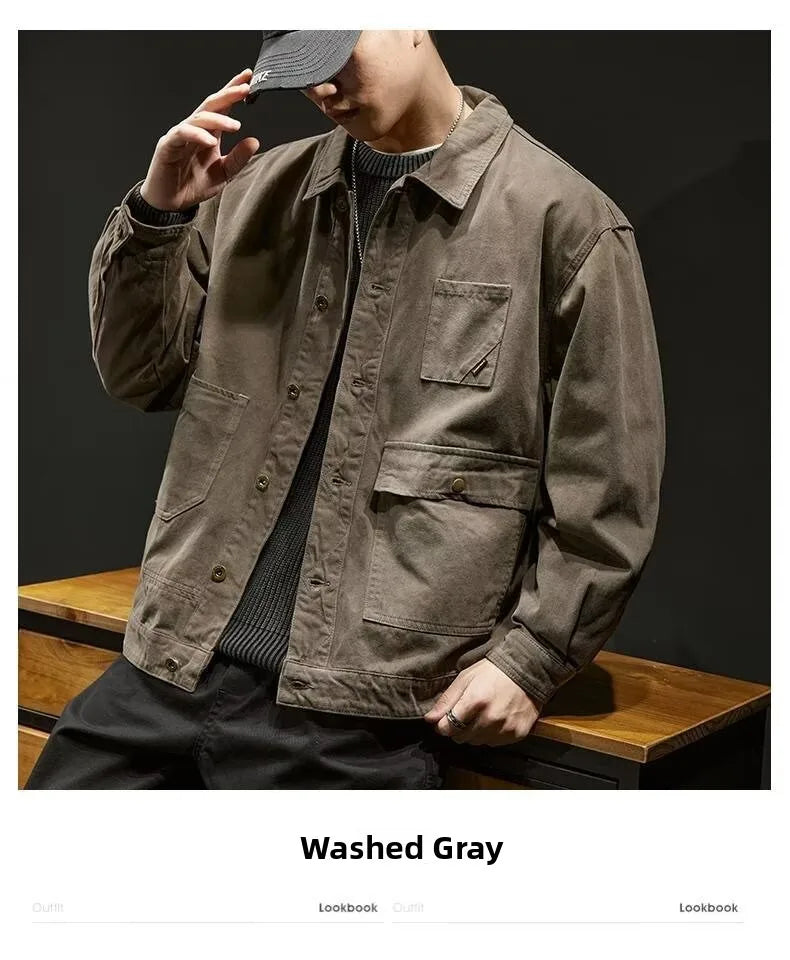 Retro Korean Sle Men's Denim Jaet Casual Spring Autumn Faionable Long Sve Workwear Coat with kets for Middle Youth - ZOOMNSTORE