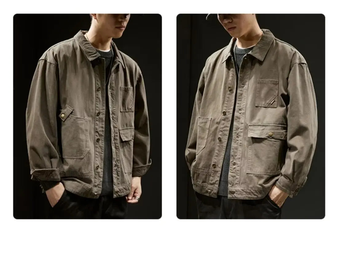 Retro Korean Sle Men's Denim Jaet Casual Spring Autumn Faionable Long Sve Workwear Coat with kets for Middle Youth - ZOOMNSTORE