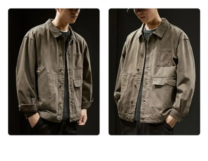 Retro Korean Sle Men's Denim Jaet Casual Spring Autumn Faionable Long Sve Workwear Coat with kets for Middle Youth - ZOOMNSTORE