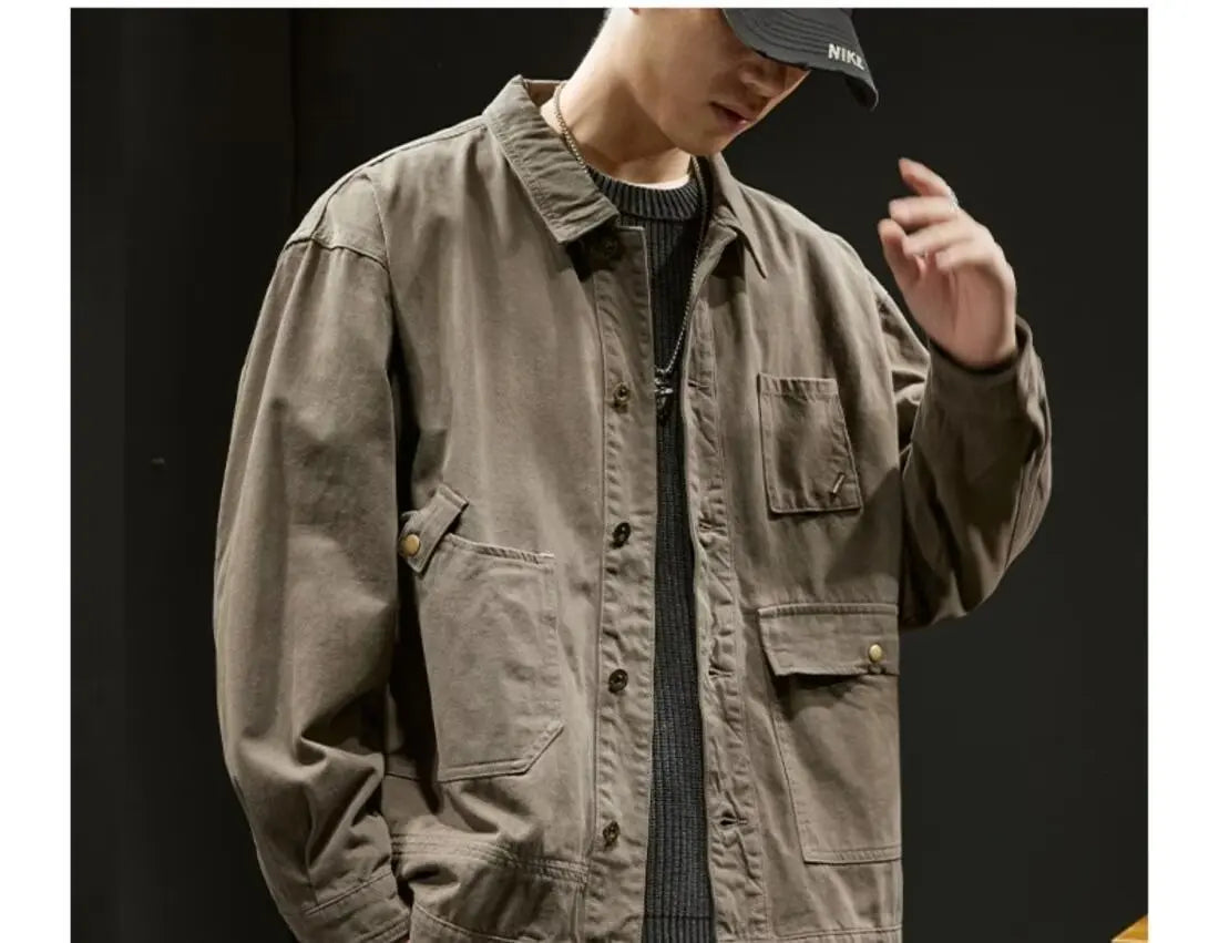 Retro Korean Sle Men's Denim Jaet Casual Spring Autumn Faionable Long Sve Workwear Coat with kets for Middle Youth - ZOOMNSTORE