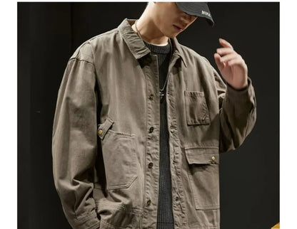 Retro Korean Sle Men's Denim Jaet Casual Spring Autumn Faionable Long Sve Workwear Coat with kets for Middle Youth - ZOOMNSTORE