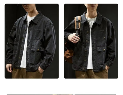 Retro Korean Sle Men's Denim Jaet Casual Spring Autumn Faionable Long Sve Workwear Coat with kets for Middle Youth - ZOOMNSTORE