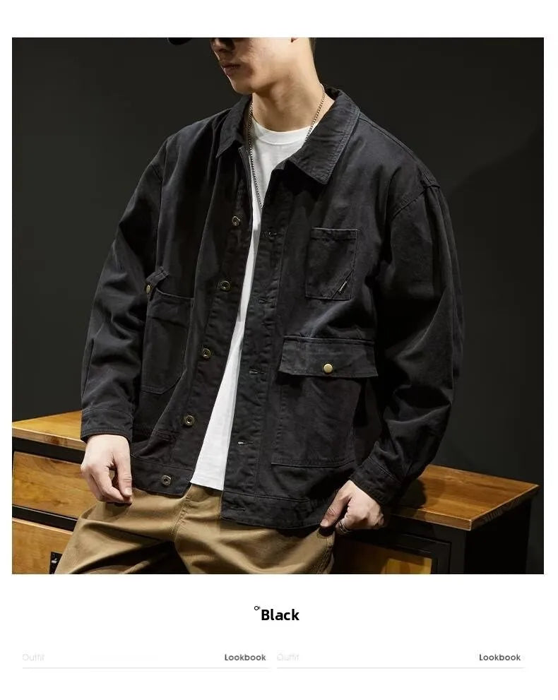 Retro Korean Sle Men's Denim Jaet Casual Spring Autumn Faionable Long Sve Workwear Coat with kets for Middle Youth - ZOOMNSTORE