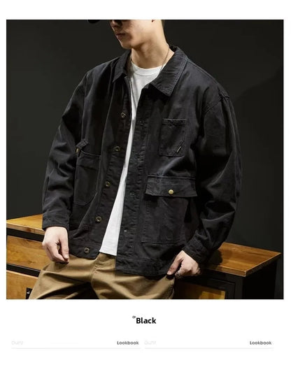 Retro Korean Sle Men's Denim Jaet Casual Spring Autumn Faionable Long Sve Workwear Coat with kets for Middle Youth - ZOOMNSTORE