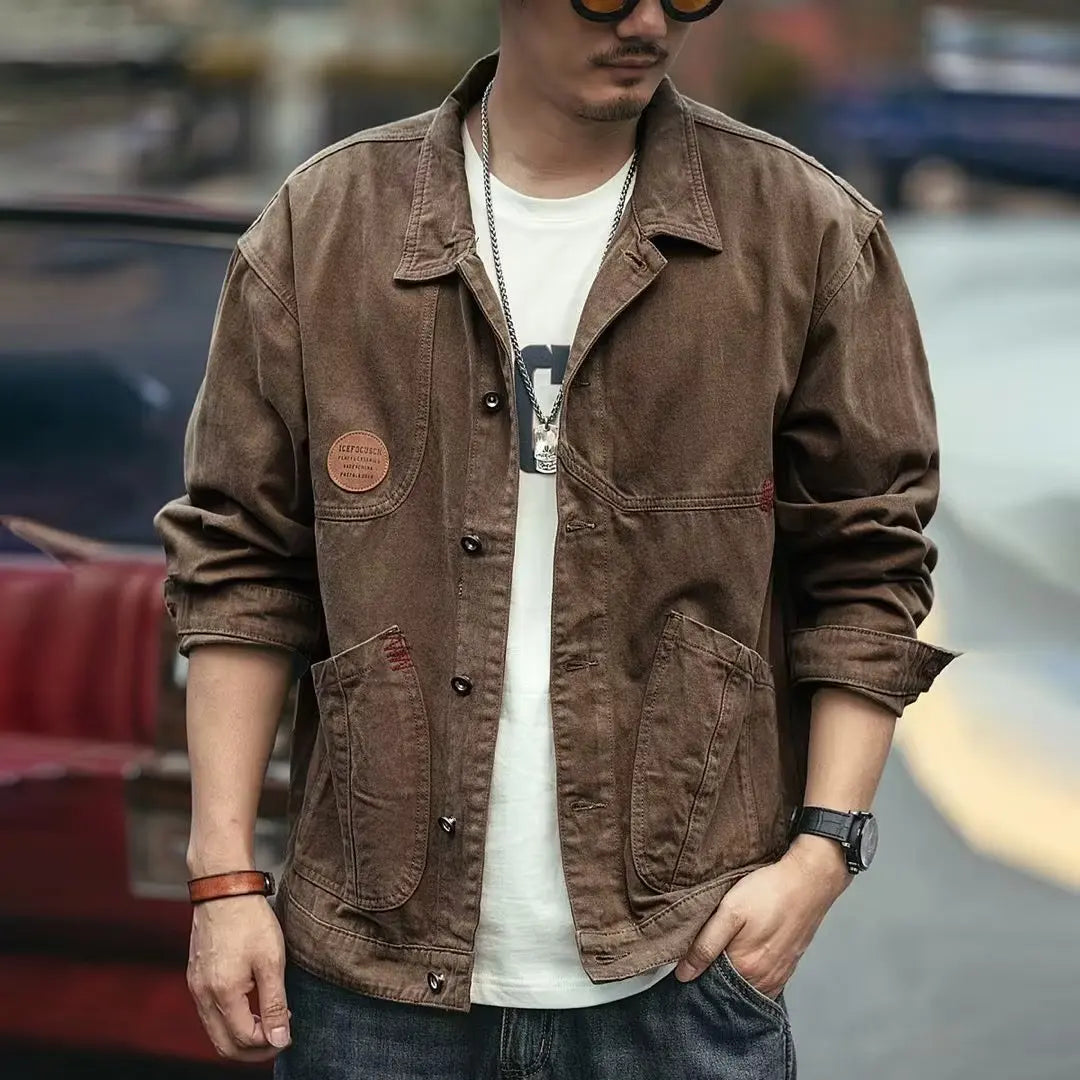 Retro Korean Sle Men's Denim Jaet Casual Spring Autumn Faionable Long Sve Workwear Coat with kets for Middle Youth - ZOOMNSTORE
