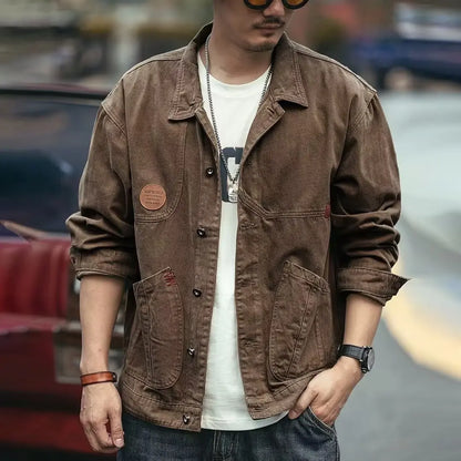 Retro Korean Sle Men's Denim Jaet Casual Spring Autumn Faionable Long Sve Workwear Coat with kets for Middle Youth - ZOOMNSTORE