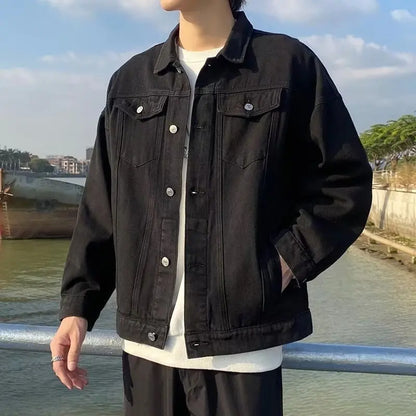 Retro Korean Sle Men's Denim Jaet Casual Spring Autumn Faionable Long Sve Workwear Coat with kets for Middle Youth - ZOOMNSTORE