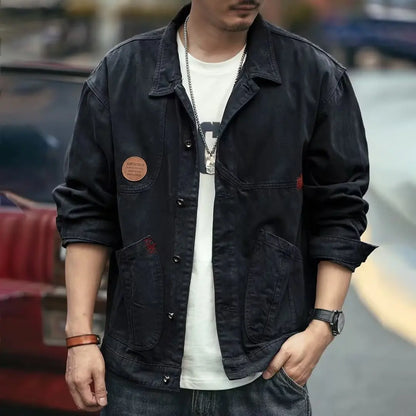 Retro Korean Sle Men's Denim Jaet Casual Spring Autumn Faionable Long Sve Workwear Coat with kets for Middle Youth - ZOOMNSTORE