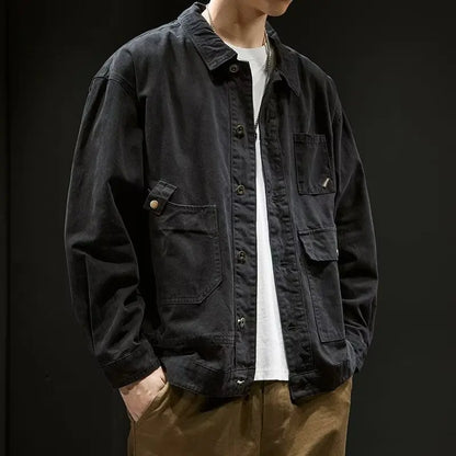 Retro Korean Sle Men's Denim Jaet Casual Spring Autumn Faionable Long Sve Workwear Coat with kets for Middle Youth - ZOOMNSTORE