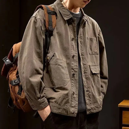 Retro Korean Sle Men's Denim Jaet Casual Spring Autumn Faionable Long Sve Workwear Coat with kets for Middle Youth - ZOOMNSTORE
