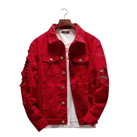 New Men's Jean Jacket Slim Fit Cotton Denim Jacket Red White Black Ripped Hole Jean Coats Men Outerwear Plus Size Streetwear - ZOOMNSTORE