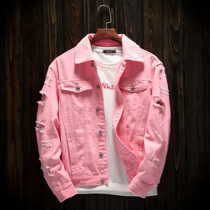 New Men's Jean Jacket Slim Fit Cotton Denim Jacket Red White Black Ripped Hole Jean Coats Men Outerwear Plus Size Streetwear - ZOOMNSTORE