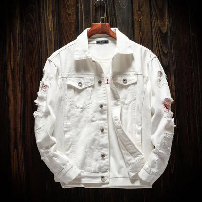 New Men's Jean Jacket Slim Fit Cotton Denim Jacket Red White Black Ripped Hole Jean Coats Men Outerwear Plus Size Streetwear - ZOOMNSTORE