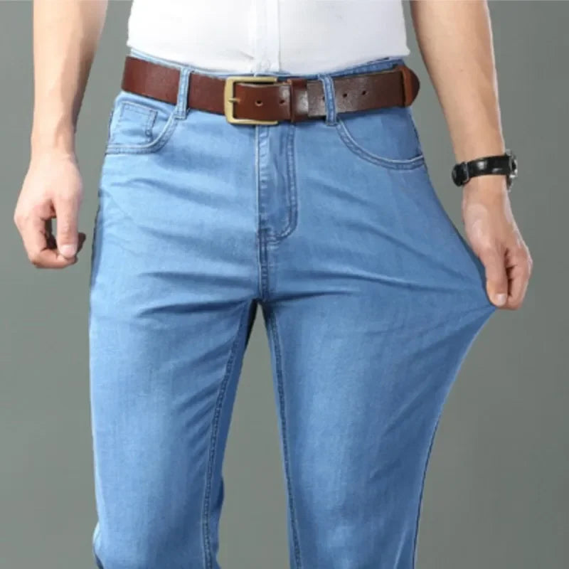 Mens Lightweight Blue Denim Jeans - Stretch Cotton Straight Pants for SpringSummer Casual Wear - ZOOMNSTORE