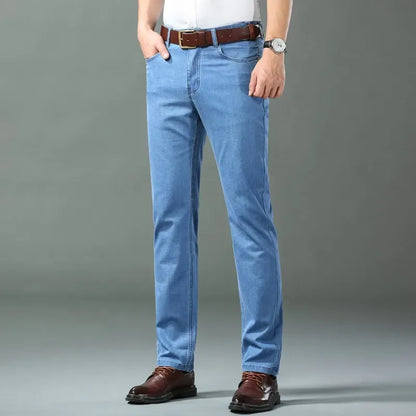 Mens Lightweight Blue Denim Jeans - Stretch Cotton Straight Pants for SpringSummer Casual Wear - ZOOMNSTORE