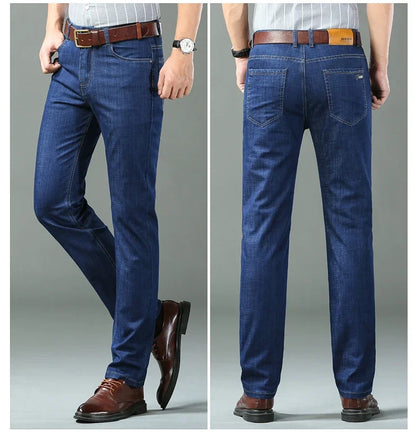 Mens Lightweight Blue Denim Jeans - Stretch Cotton Straight Pants for SpringSummer Casual Wear - ZOOMNSTORE