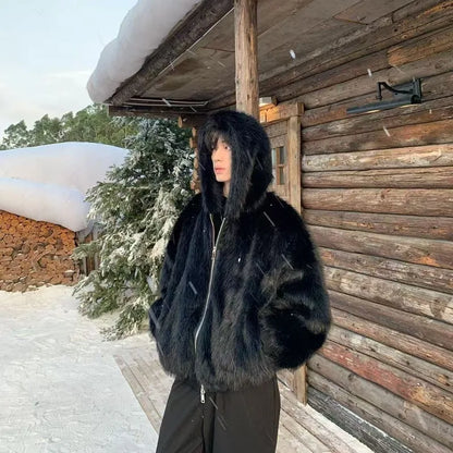 Men's Faux Fur Coat – Thick Warm Winter Overcoat With Hooded Zipper & Polyester Lining - ZOOMNSTORE