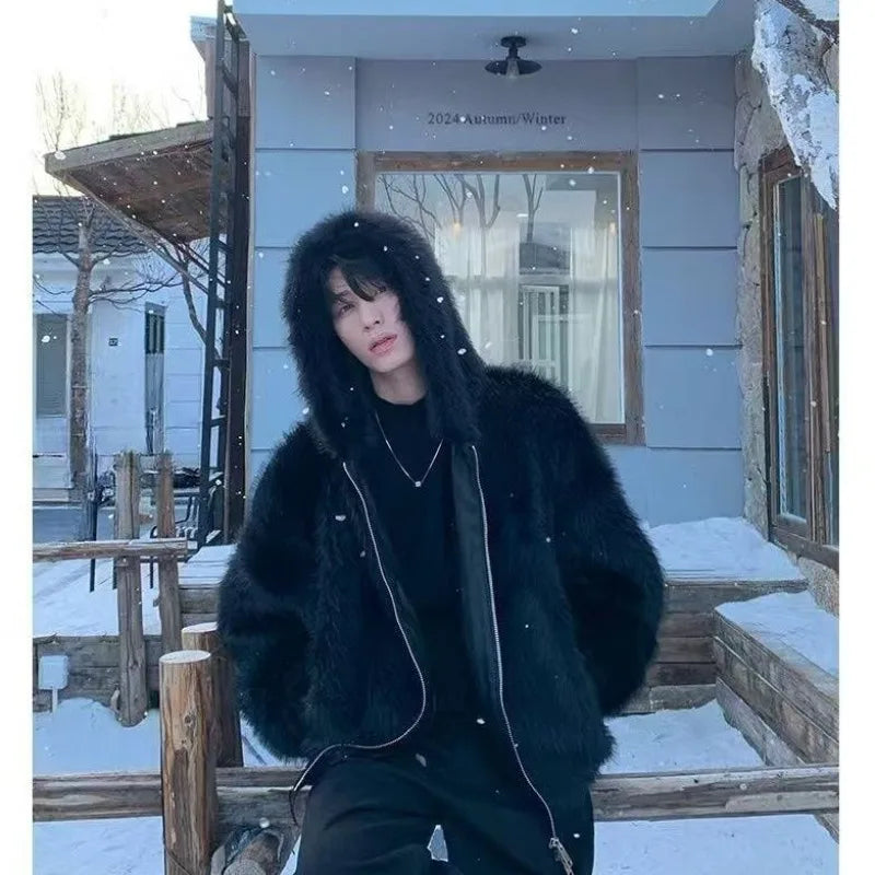 Men's Faux Fur Coat – Thick Warm Winter Overcoat With Hooded Zipper & Polyester Lining - ZOOMNSTORE