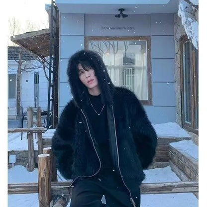 Men's Faux Fur Coat – Thick Warm Winter Overcoat With Hooded Zipper & Polyester Lining - ZOOMNSTORE