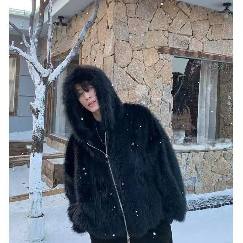 Men's Faux Fur Coat – Thick Warm Winter Overcoat With Hooded Zipper & Polyester Lining - ZOOMNSTORE