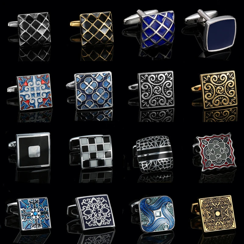 Luxury Mens Cufflinks - Classic Square Blue  Black Retro Pattern Suit Accessories - ZOOMNSTORE