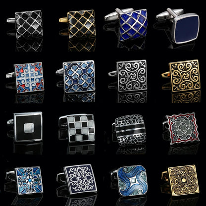 Luxury Mens Cufflinks - Classic Square Blue  Black Retro Pattern Suit Accessories - ZOOMNSTORE