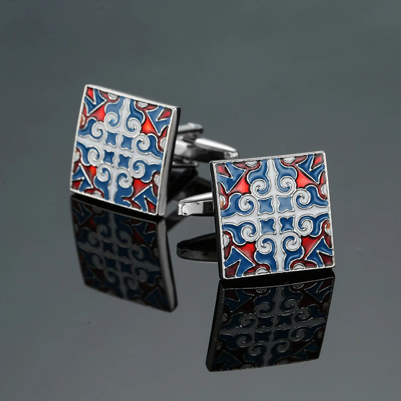 Luxury Mens Cufflinks - Classic Square Blue  Black Retro Pattern Suit Accessories - ZOOMNSTORE