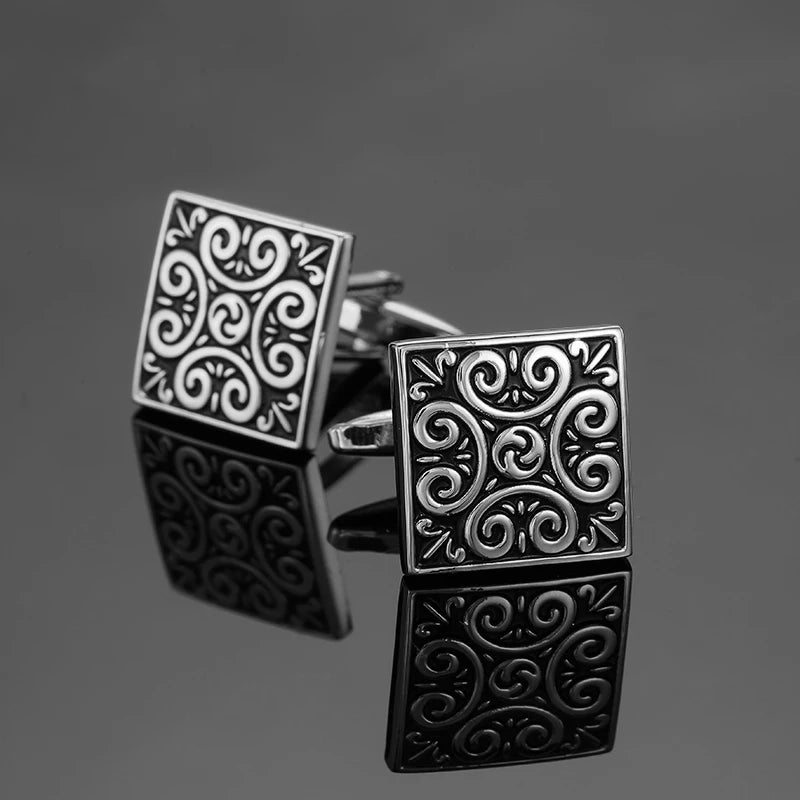 Luxury Mens Cufflinks - Classic Square Blue  Black Retro Pattern Suit Accessories - ZOOMNSTORE