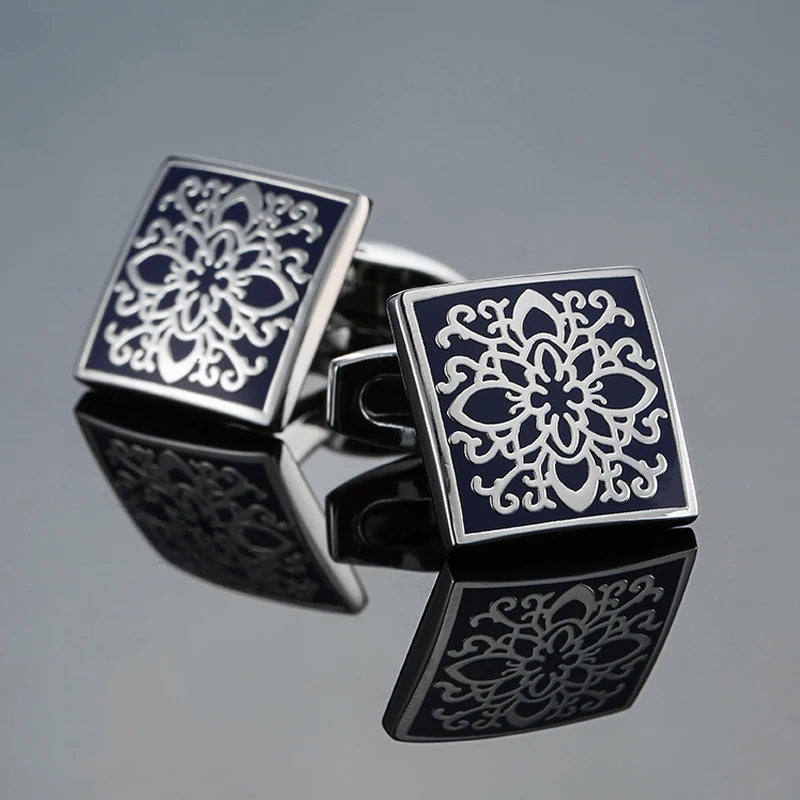 Luxury Mens Cufflinks - Classic Square Blue  Black Retro Pattern Suit Accessories - ZOOMNSTORE