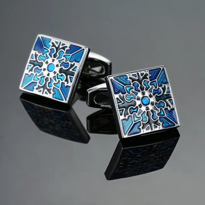 Luxury Mens Cufflinks - Classic Square Blue  Black Retro Pattern Suit Accessories - ZOOMNSTORE