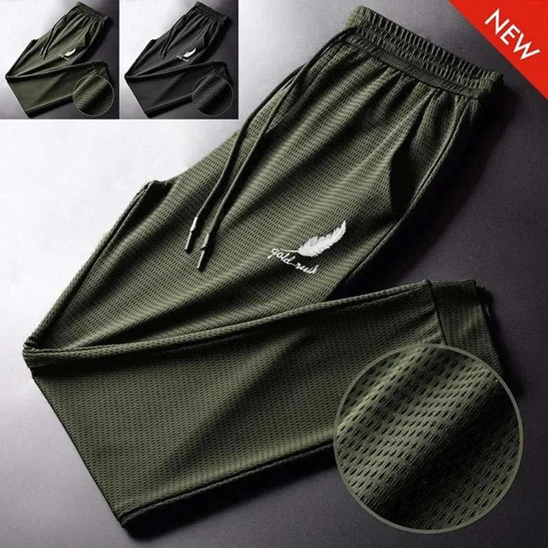 Men's Hollow Out Ice Silk Pants Mesh Breathable Casual Thin Quick Dry Pant Loose Elastic Beam Feet Pants Sports Fitness Trousers - ZOOMNSTORE