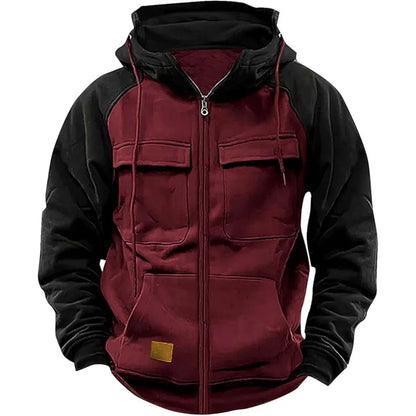 Men's Hooded Sweatshirt - Patchwork Hoodie With Zipper, Fleece Lined & Multiple Pockets - ZOOMNSTORE