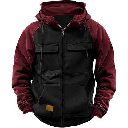 Men's Hooded Sweatshirt - Patchwork Hoodie With Zipper, Fleece Lined & Multiple Pockets - ZOOMNSTORE