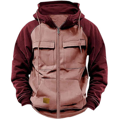 Men's Hooded Sweatshirt - Patchwork Hoodie With Zipper, Fleece Lined & Multiple Pockets - ZOOMNSTORE