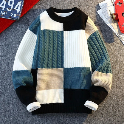 Men's Knit Sweater - Autumn Winter Plaid Patchwork Pullover | Thick Round Neck Casual - ZOOMNSTORE