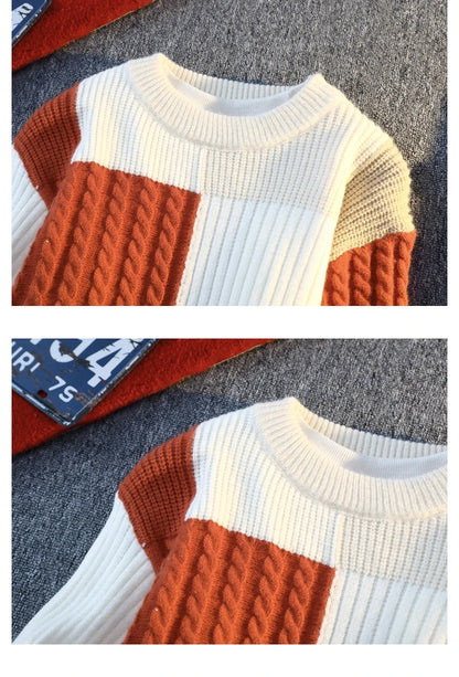 Men's Knit Sweater - Autumn Winter Plaid Patchwork Pullover | Thick Round Neck Casual - ZOOMNSTORE