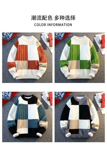 Men's Knit Sweater - Autumn Winter Plaid Patchwork Pullover | Thick Round Neck Casual - ZOOMNSTORE