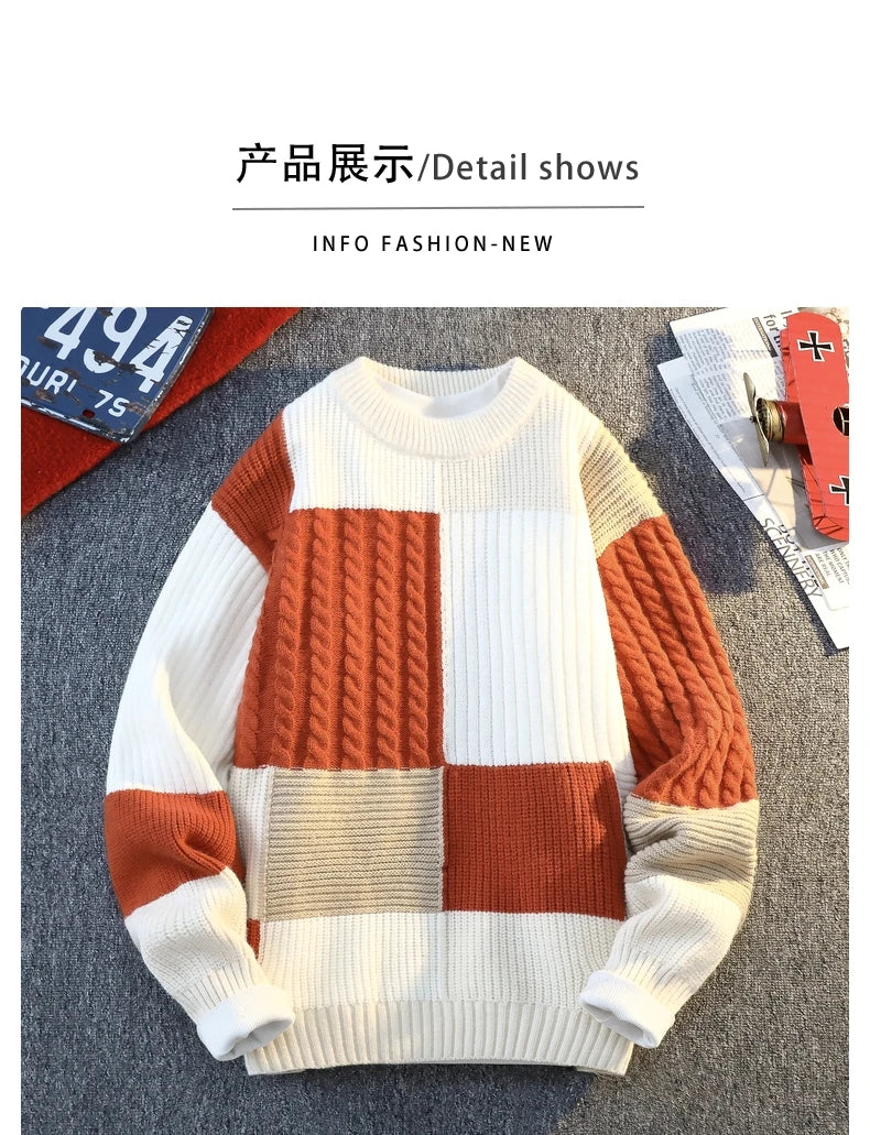 Men's Knit Sweater - Autumn Winter Plaid Patchwork Pullover | Thick Round Neck Casual - ZOOMNSTORE