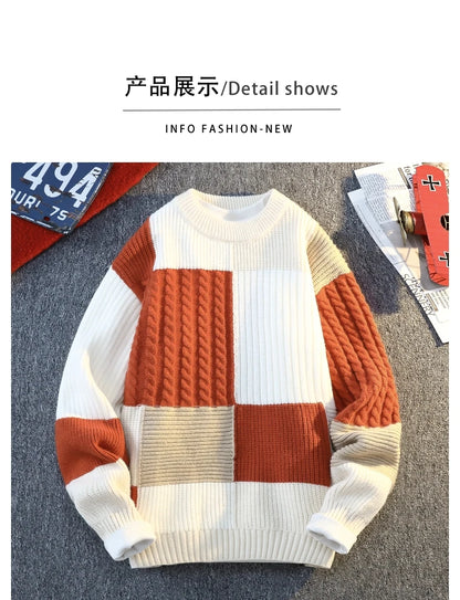 Men's Knit Sweater - Autumn Winter Plaid Patchwork Pullover | Thick Round Neck Casual - ZOOMNSTORE