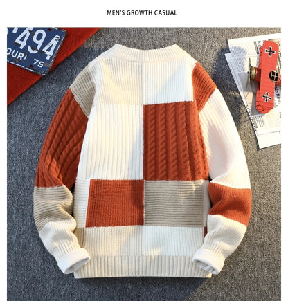 Men's Knit Sweater - Autumn Winter Plaid Patchwork Pullover | Thick Round Neck Casual - ZOOMNSTORE