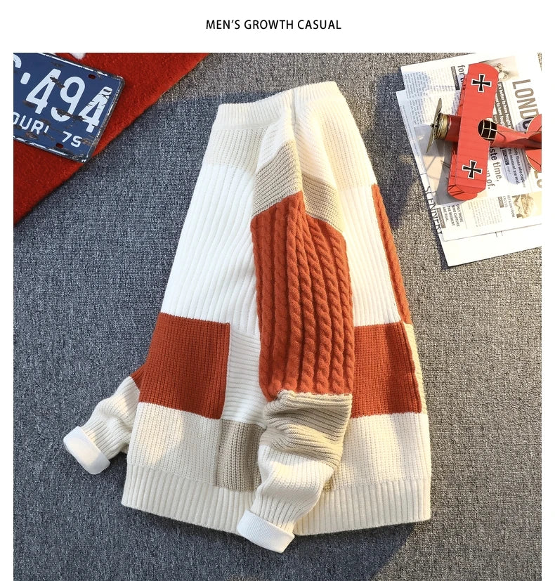 Men's Knit Sweater - Autumn Winter Plaid Patchwork Pullover | Thick Round Neck Casual - ZOOMNSTORE