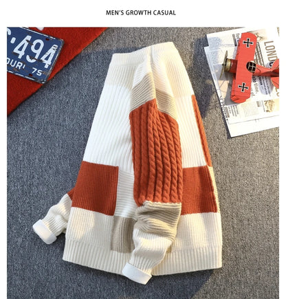 Men's Knit Sweater - Autumn Winter Plaid Patchwork Pullover | Thick Round Neck Casual - ZOOMNSTORE