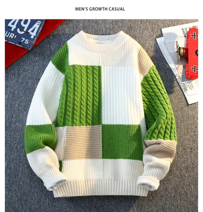 Men's Knit Sweater - Autumn Winter Plaid Patchwork Pullover | Thick Round Neck Casual - ZOOMNSTORE