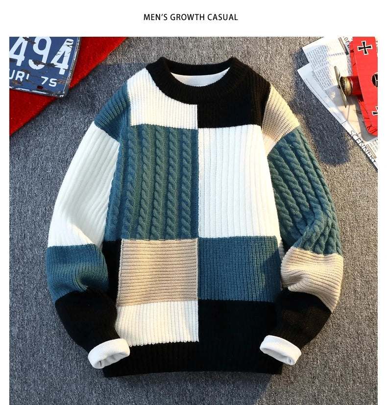 Men's Knit Sweater - Autumn Winter Plaid Patchwork Pullover | Thick Round Neck Casual - ZOOMNSTORE