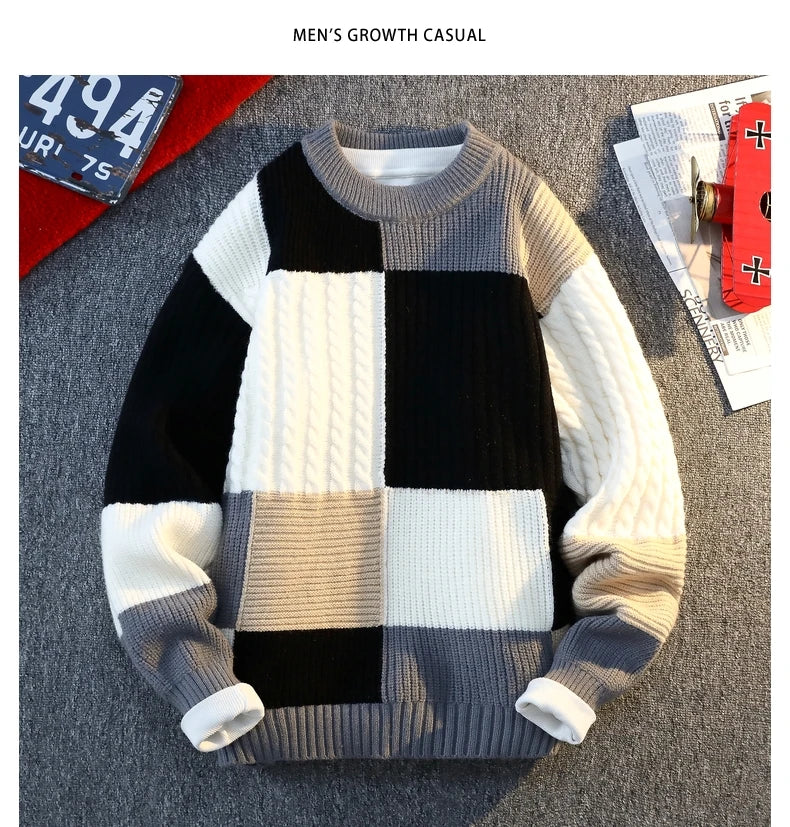 Men's Knit Sweater - Autumn Winter Plaid Patchwork Pullover | Thick Round Neck Casual - ZOOMNSTORE